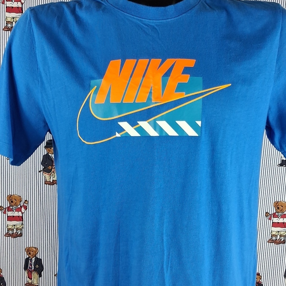 Nike Swoosh Retro Spell Out Graphic Blue & Orange Lrg Casual T-shirt